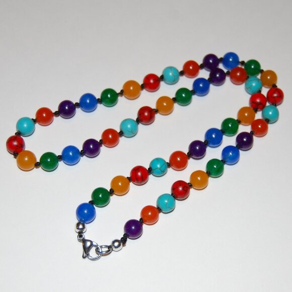 Gemstone Necklace,Knotted Multi Color Stone Necklace,Colorful Necklace,8mm Beads - Picture 3 of 4